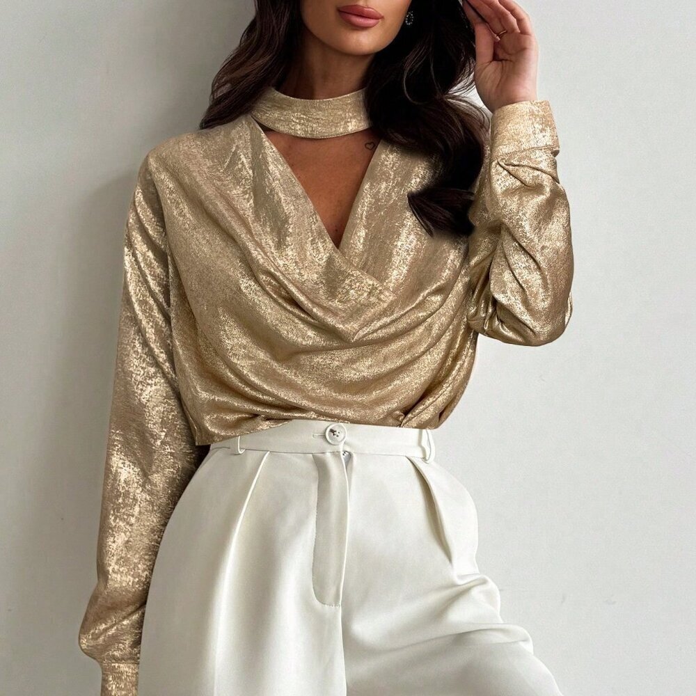 Gold Party Women's Elegant Refined -Inspired Minimalist Long Sleeve blouse Shirt